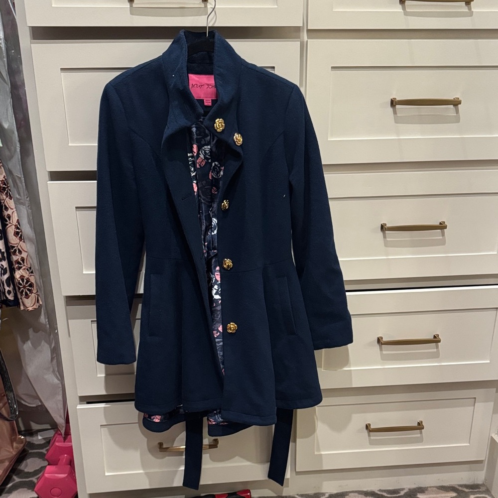 Betsey Johnson Navy Trench Coat with Gold Accents